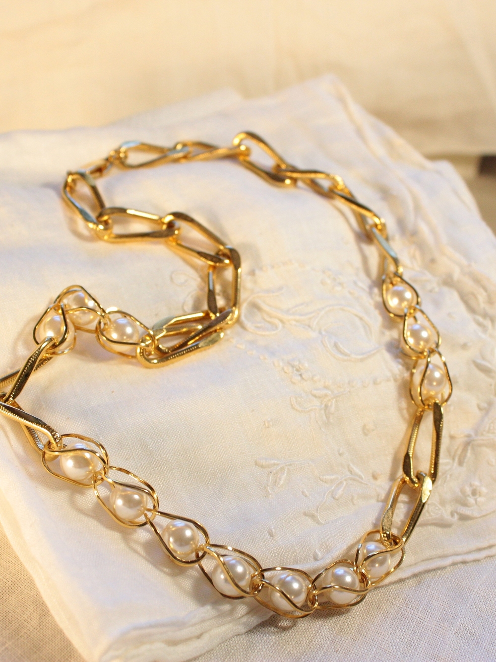Gold-Tone Chain Link Coquette Necklace with Caged Faux Pearls
